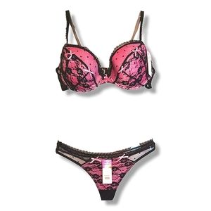 Hers by Herman Bra & Panty Set Pink with Black Lace New